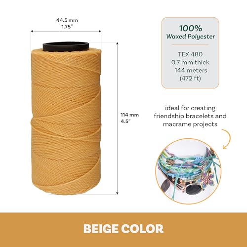 The Beadsmith Knot It Waxed Polyester Cord – Beige Color – 0.7mm Diameter – Light Wax, 144 Meters (472 Feet) Per Spool – Make Jewelry, Macrame, Friendship Bracelets and DIY Crafts - color: Beige