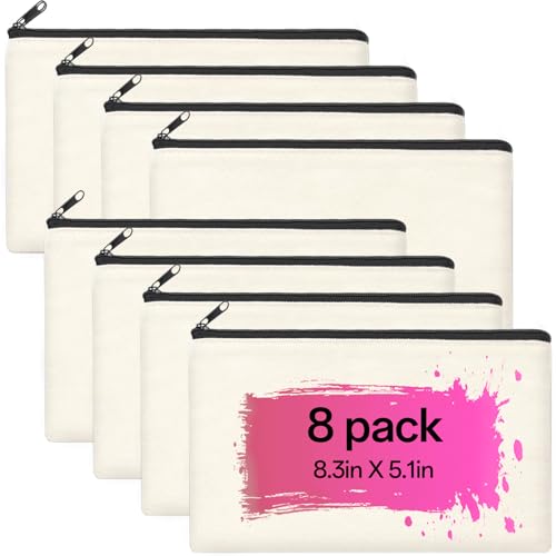 ZeeDix Small Canvas Zipper Pouch for Makeup Pencil Travel Storage 8.3x5 In - color: Beige, style: 8 Pcs