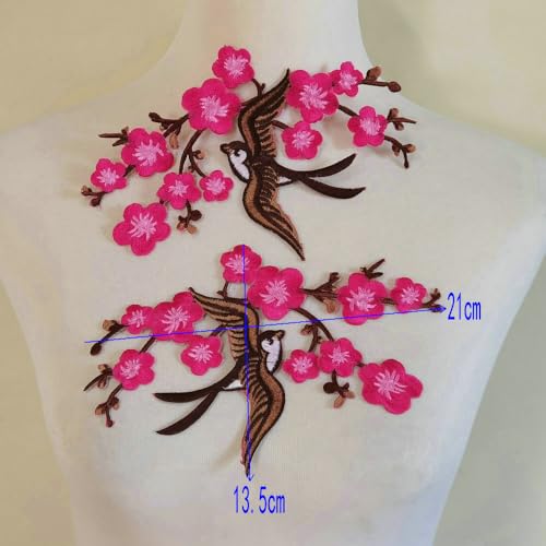 1pair Quince Sakura Flower Embroidery Iron On Applique Patches (Hot Pink) - color: Hot Pink