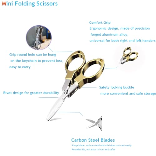 YVAOG Mini Folding Scissors, Safe Portable Travel Mini Scissors, Stainless Steel Retractable Small Scissors for Home Office, 2 Piece Set (gold) - color: Gold