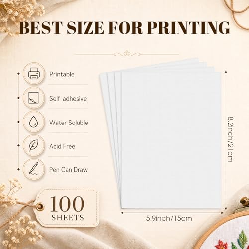 Rivvlive 100 Pcs Sticky Water Soluble Embroidery Stabilizer Sheets 8.2"x5.9", Self Adhesive Printable Draw Transfer Paper for Hand & Machine Embroidery on Denim, Knit, Canvas