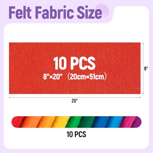 10 Sheets Felt Fabric for Crafts, 8x20 Inch 1.4mm Thick (Rainbow) - color: Rainbow