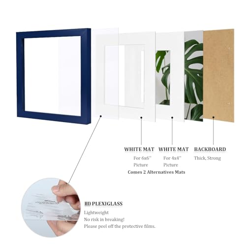 Egofine 8x8 Picture Frame, Made of Solid Wood with Plexiglass, for Tabletop and Wall Hanging Display Picture 4x4/6x6 with Mat or 8x8 Without Mat, Navy Blue - color: Navy Blue, size: 8x8