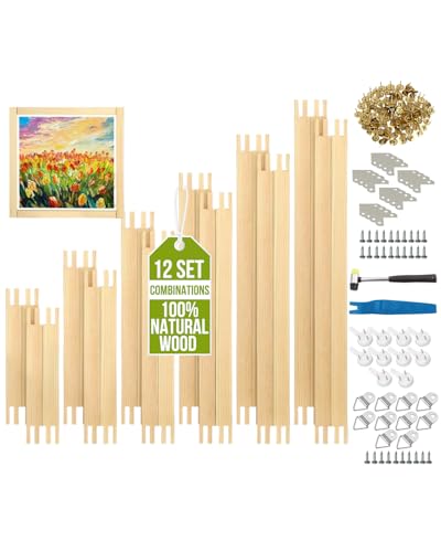 12Pcs Needlepoint Stretcher Bar Set, 6 Sizes Wooden Canvas Stretcher Bars and Needlepoint Frame Kit with Tacks, Adjustable Stretcher Bars Set for Embroidery and Crafts