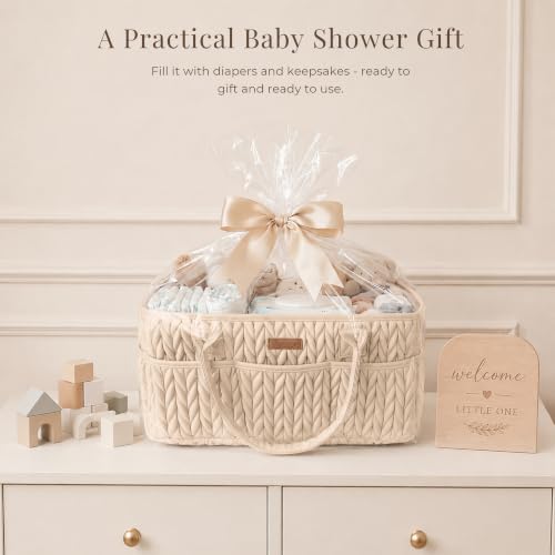 Konssy Baby Diaper Caddy Organizer, Braided Quilted Design with PU Handles - color: Beige