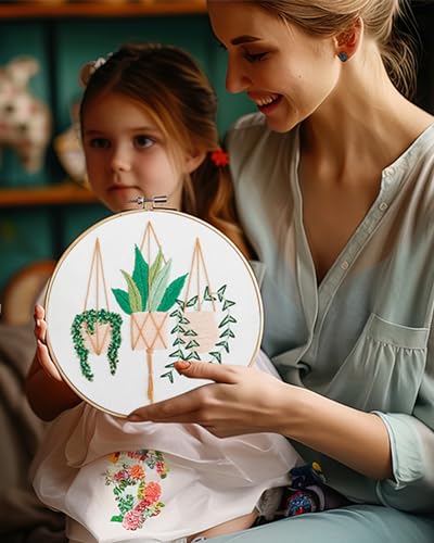 Santune 3 Sets Embroidery Kit for Beginners Needlepoint Cross Stitch Kits for Adults,Stitch Learning DIY Sets with Instruction Video,Stamped Floral Patterns,Hoop,Threads,Sewing Kit - color: Pothos Series