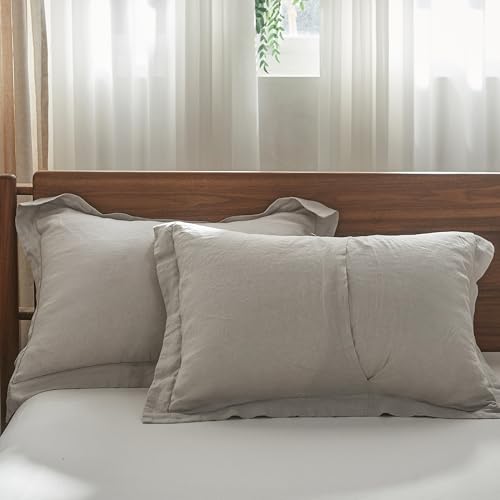 Simple&Opulence 100% French Linen Pillowcases with Embroidery – Pack of 2, Washed Solid Color Natural Flax, Soft & Breathable - Light Grey, 20'' x 36'' - color: Light Grey, size: King