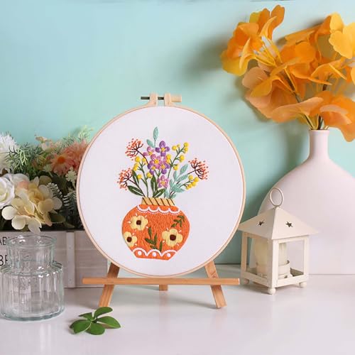 GLTAYLMY 3pcs Embroidery Starter Kit with Vase Pattern, Stamped Cross Stitch Kits for Beginners Adults with Embroidery Hoop and Instructions, Hand Embroidery Kit - color: Floral456