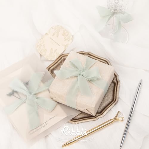 Ribbli Creamy Sage Ribbon 1 Inch x 3 Rolls Total 24 Yards Light Green Handmade Fringe Chiffon Silk Ribbon for Wrapping Wedding Invitations Bridal Bouquets DIY Crafts Home Decor - color: Creamy Sage