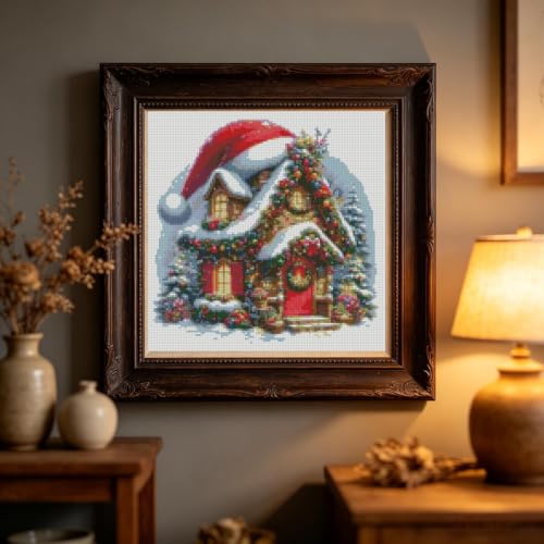 Christmas SnowHouse Stamped Cross Stitch Kits for Adults, Santa Hat 11CT Needlepoint Counted Cross Stitch Kits for Beginner, Printed Dimensions Embroidery Kit Art Craft for Home Wall Decor 14x14 Inch - color: SZXY011-US
