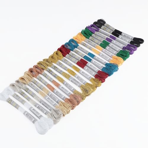 Metallic Embroidery Floss 24 Skeins Set (12 Colors*2 Skeins) Glittery Metal Effect Shinny Cross Stitch Thread for Hand Embroidery, Sewing and DIY Handmade Artwork (12 Colors*2 Skeins-Set 1) - color: 12 Colors*2 Skeins-Set 1