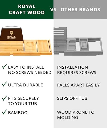 ROYAL CRAFT WOOD Premium Foldable Bathtub Tray Caddy - Wood Bath Tray for Tub, Bamboo Shelf, Expandable Bath Table Trays, Bathtub & Bathroom Accessories for New Home & Mothers, Birthday Gifts for Mom - color: Natural