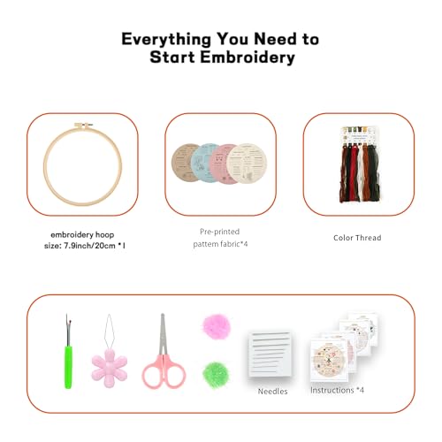 JOINRUN Beginner Embroidery Kit for Adults, 4 Pack with Video Tutorial - color: Strawberry