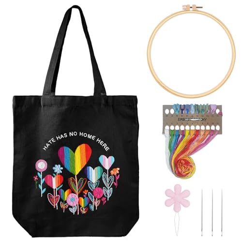 Louise Maelys Embroidery Kit, Rainbow Heart Canvas Tote Bag DIY Craft Set - color: love flower