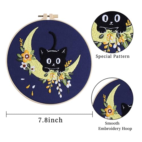 EOBTAIN 3 Pcs Black Cat Embroidery Kit for Beginners, Animal with Floral Embroidery Kits for Adults,Flower Embroidery Starter Kit with Pattern,Hoop,Thread,Needles,Hand DIY Craft Kits for Adults - color: Cat