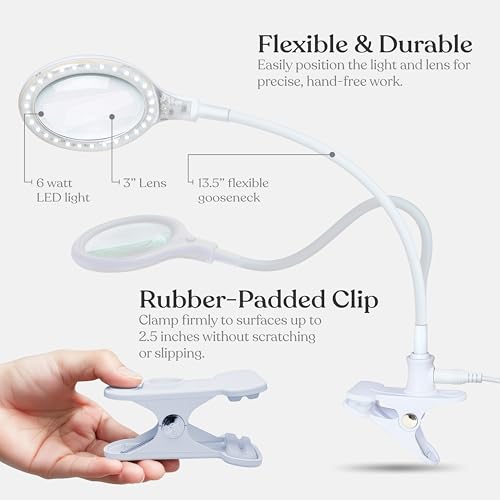 Brightech LightView Flex Magnifying Desk Lamp with Clamp, 1.75X Light Magnifier, Adjustable Magnifying Glass with Light for Crafts, Reading, Close Work - color: White