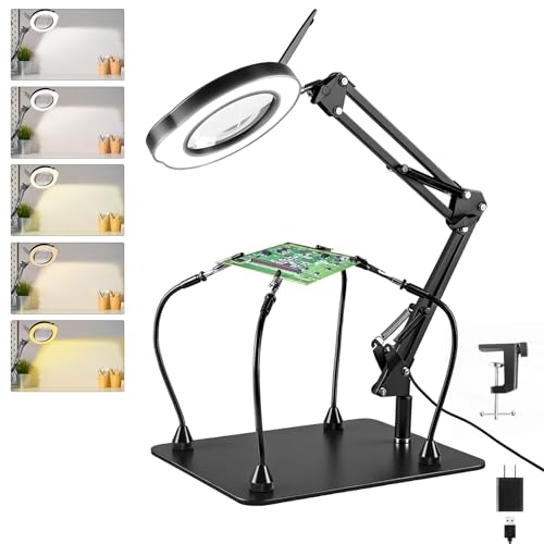 10X Magnifying Glass with Light and Stand, Black 4.3" Helping Hands Soldering Station with 4 Flexible Helping Arms, 5 Color Mode, 10 Dimmable Levels for Electronics Repair, Jewelry, Hobby - color: Black, size: Standard Helping Hands