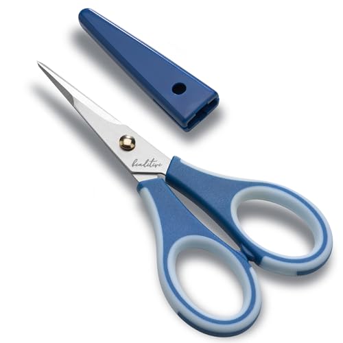 Beaditive Precision Craft Scissors - Ultra Sharp Stainless Steel Blades & Non-Slip TPR Handles - Adult & Kid Scrapbooking Scissors With Safety Cap For Home, Office, School (Blue) - style: Blue