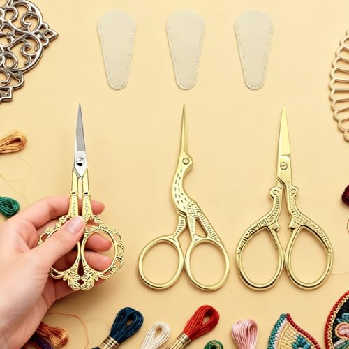 3 PCS Small Sharp Embroidery Scissors, Gold Stork Needlepoint Thread Snips with Cover, Yarn Scissors for Crocheting & Sewing