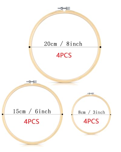 TINDTOP Bamboo Embroidery Hoops, 12 Pieces 3 to 8 Inch Cross Stitch Frame - size: 3IN *4 + 6IN *4 + 8IN *4