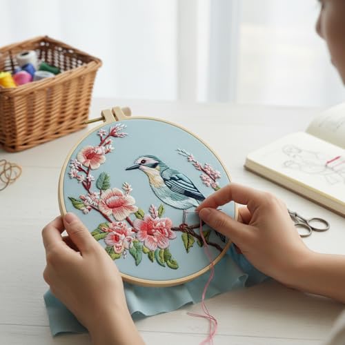 ARTopet Embroidery Kit for Beginners Cross Stitch Kits Needlepoint Set Colorful Bird Patterns Embroidery Thread Kit for Craft Lover Hand Stitch with 7.87in Hoop Threads Fabric-Bird04 - color: Bird04