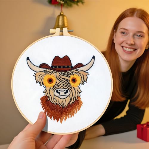 Highland Cow Embroidery Kits for Beginners Adults, Animal Hand Embroidery Starters Kits, Stamped Cross Stitch Kits DIY Needlepoint Kits for Beginners Adults, Embroidery Hoop, Thread and Video Tutorial - color: H2080, size: 8Inch