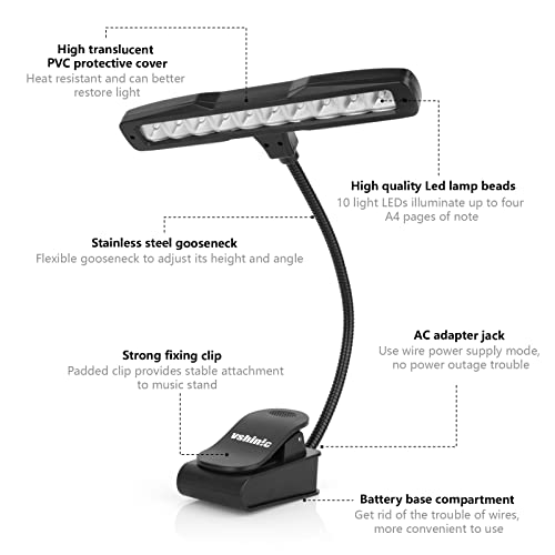 Vshinic Music Stand Light,Clip On Piano Lights 10 LED Orchestra Light,Fully Adjustable No Flicker for Piano,Book Reading, Mixing Table, DJ, Craft Work (Powered by AA Batteries, AC Adapter)