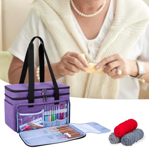 CURMIO Double-Layer Knitting Tote Bag, Yarn Storage for Crafts, Purple - color: purple