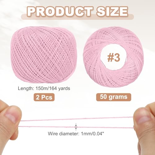 MECCANIXITY Crochet Thread Pearl Cotton Size 3 Pink 2 Rolls 164 Yards for Crocheting Tatting Knitting Embroidery Sewing - color: Pink