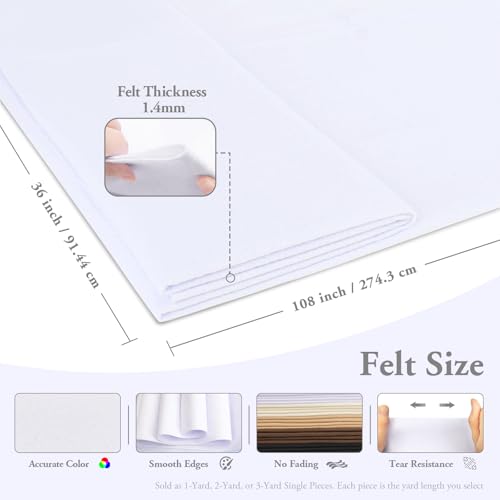 White Felt Fabric Sheet 108" X 36", 1.4mm Thick Large Soft Durable Flexible Craft Felt by The Yard, Nonwoven Fabric for DIY Sewing, Arts and Crafts, Decoration Projects - color: White, size: 3 yard pre cut