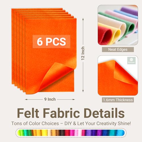 Orange Soft Felt Sheets for Crafts, 9" x 12", 1.6mm Thick, 6 Pcs - color: Orange