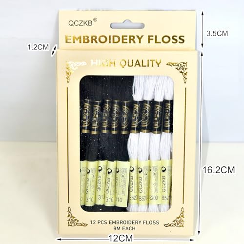 Premium Rainbow Color Embroidery Floss - Cross Stitch Threads - Friendship Bracelets Floss - Crafts Floss - 12 Skeins Per Pack Embroidery Floss,White Black - color: white black