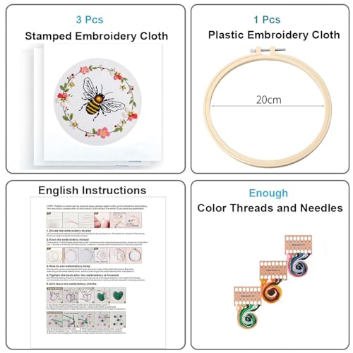 Konrisa Embroidery Kits for Adults Beginner, European Style Bees Collect Honey Stamped Embroidery Starter Kit,DIY Sewing Practice, Needlepoint Cross Stitch Kit,Set of 3 - color: bee