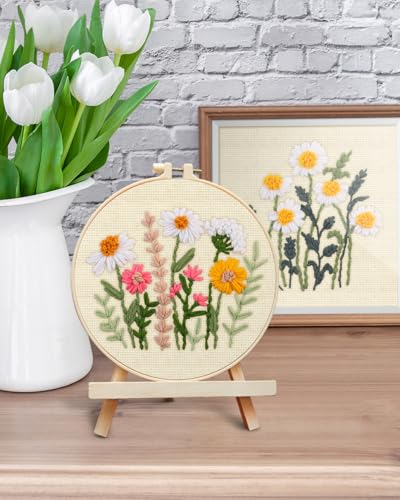 ERKOON Punch Needle Kit Adults Beginners, 2 Pcs DIY Easy Flower Embroidery Set for Starter Art Craft, Needling Punching Project with Patterns, Tools, Yarns, Hoop, Instruction (Daisies) - color: Daisies