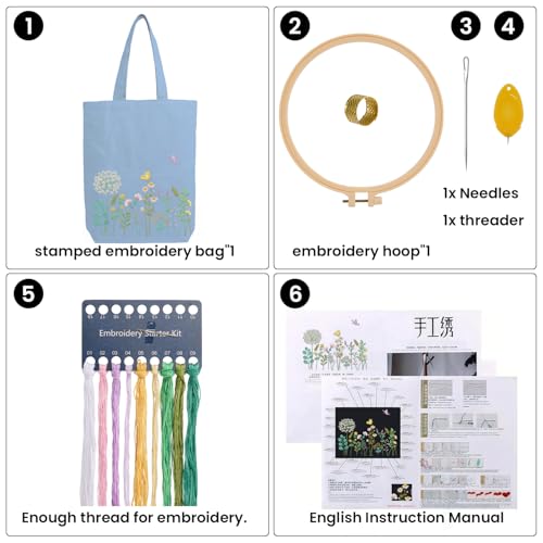 CREAWONDER Canvas Tote Bag Embroidery Kit with Pattern for Beginners, Arts and DIY Embroidery Crafts Kits for Adults, Include Instructions, Embroidery Hoops, Color Threads and Tool - color: CR002 banmeng lightblue