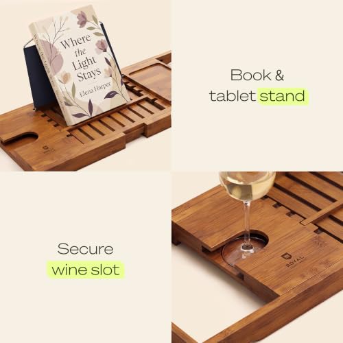 ROYAL CRAFT WOOD Premium Foldable Bathtub Tray Caddy - Wood Bath Tray for Tub, Bamboo Shelf, Expandable Bath Table Trays, Bathtub & Bathroom Accessories for New Home & Mothers, Birthday Gifts for Mom - color: Carbonized Bamboo