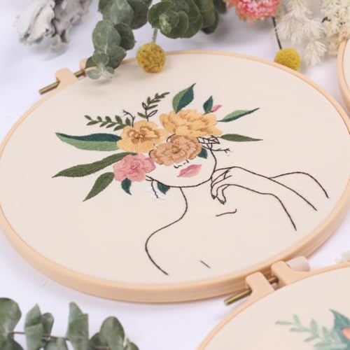 Chenflying Embroidery Starter Kits, 1/3 Sets Art Embroidery Kits for Beginners Adults with Embroidery Hoops Threads Needles and Instructions - color: Beige 2+Beige 3+Beige 4