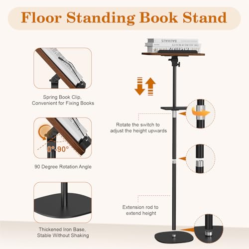 Snughome Floor Book Stand with Removable Tray, Wood Standing Book Stand for Reading, Height Adjustment 21"-51", Music Stand Cookbook Stand Textbook Stand Laptop Stand Book Holder for Display - color: Walnut Brown