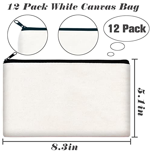 ZeeDix Small Canvas Zipper Pouch for Makeup Pencil Travel Storage 8.3x5 In - color: White, style: 12 Pcs