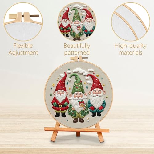 LB Cute Christmas Embroidery Kit for Beginners Adults, 3 Sets Hand Embroidery Starter Kit with Gnome Pattern and Instructions Stamped Cross Stitch Kits Include Embroidery Hoop Needles Threads Scissors - color: Green Pink