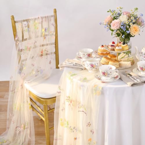 Beige White Floral Gauze Table Runner 10ft Embroidery Spring Tulle Linens - color: Beige, size: 27"x120",6pcs