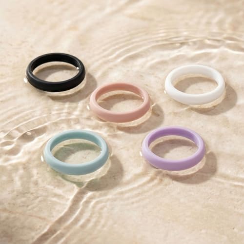 Egnaro Women's Silicone Wedding Ring 2.5mm Wide 1.8mm Thick Rubber Band Set - color: A2-Black, Light Green, Light Pink, Light Purple, White