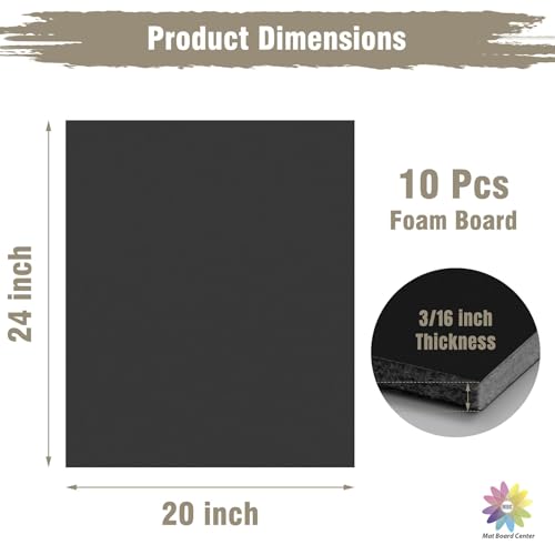 Mat Board Center Pack of 10 Acid-Free Foam Board Black 20x24 in 3/16" Thick - color: Black, size: 20x24