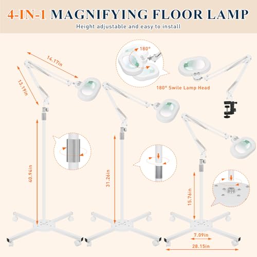2200 Lumens 12X Esthetician Magnifying Floor Lamp, 3-Axis Magnifier - color: White, size: 12X