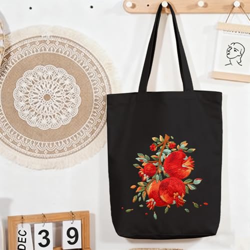 CREAWONDER Canvas Tote Bag Embroidery Kit with Pattern for Beginners, Arts and DIY Embroidery Crafts Kits for Adults, Include Instructions, Embroidery Hoops, Color Threads and Tool - color: CR002 shiliuranran black