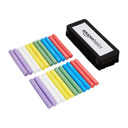 Amazon Basics Dustless Colored Chalk with Eraser, Assorted Colors, Chalkboard Writing Art Tool Set, Erasable, 24 Count