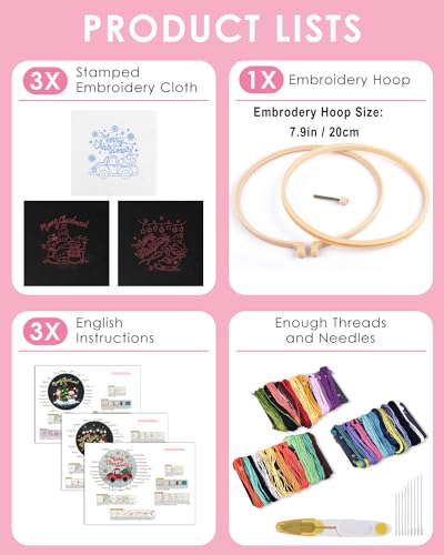TINDTOP Christmas Embroidery Kit for Adult Beginners, 3 Sets Embroidery Stitch Practice kit Include Embroidery Cloth Hoops Threads for Craft Lover Hand Stitch - color: Christmas