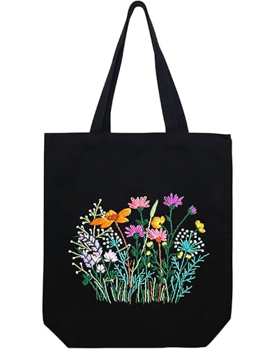 Canvas Tote Bag Embroidery Kit with Pattern, Beginner Embroidery Kits for Adults, Arts and DIY Crafts Embroidery Starter kit, Include Stamped Embroidery Bag, Embroidery Hoops, Color Threads and Tool. - color: Black With Floral
