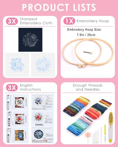 TINDTOP 3 Sets Embroidery Kit for Adults, Floral Embroidery Practice Kit - color: Floral 3 Sets