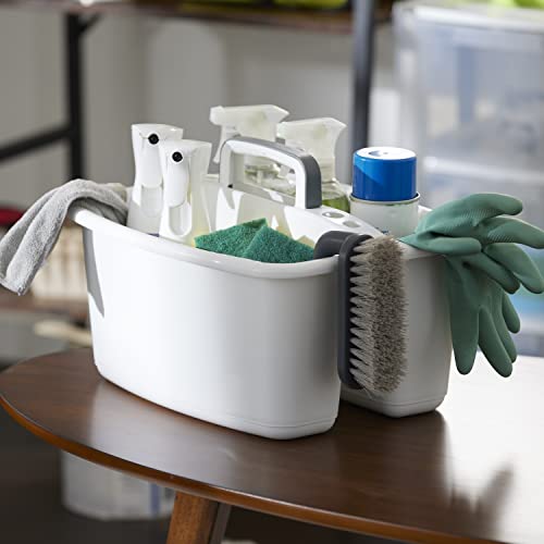 Gracious Living Storage Caddy, 2-Compartment Portable Plastic Tote with Handle for Cleaning Supplies, Craft Organization, & Makeup, White/Gray - size: 1 Pack